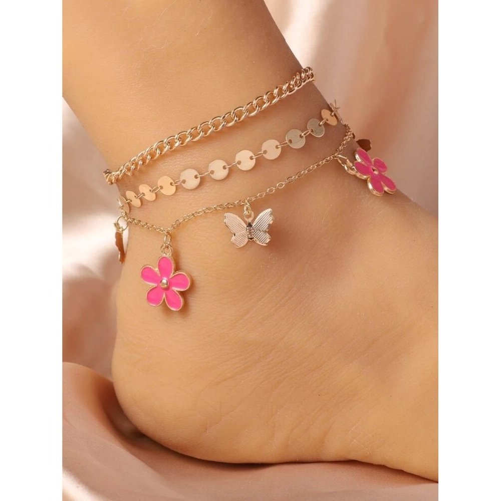 Butterfly & Flower Charm Anklet Gold And Pink